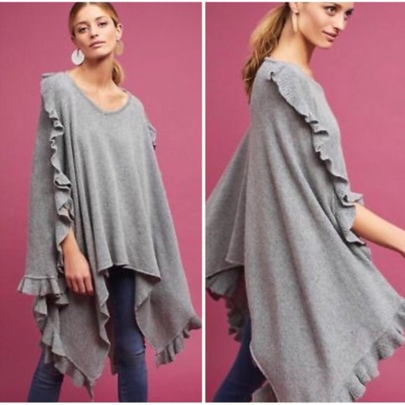 Anthropologie Sweaters - Anthropologie Gray Cascading Boho Ruffle Poncho OS